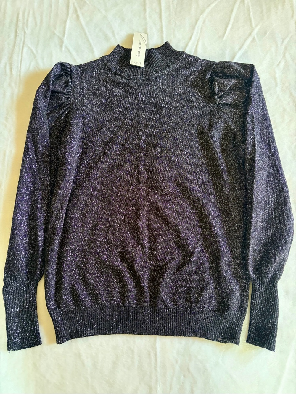 Francesca’s Metallic Black Puff Sleeve Sweater NWT